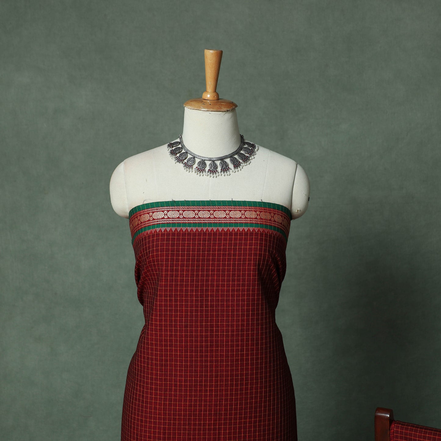 Maroon - Dharwad Checks Cotton 3pc Unstitched Dress Material Suit Set with Woven Thread Border 10