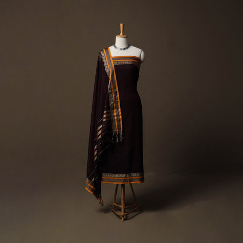 Maroon - Brown - Dharwad Mercerised Cotton 3pc Unstitched Dress Material Suit Set with Woven Border 68
