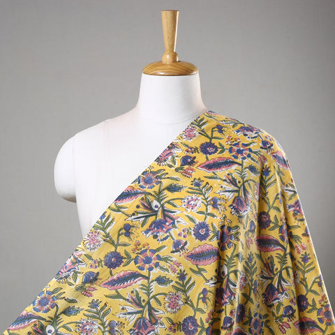 Yellow Floral Bunch Sanganeri Block Printed Cotton Fabric