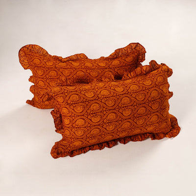 Orange - Set of 2 Bagh Block Print Cotton Frill Pillow Covers 12