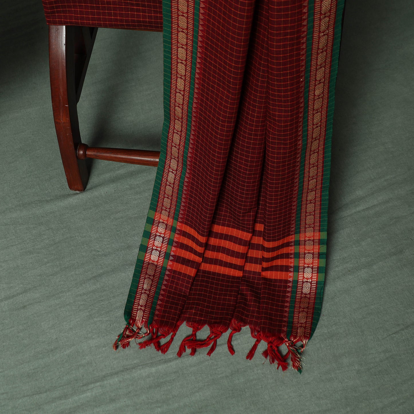 Maroon - Dharwad Checks Cotton 3pc Unstitched Dress Material Suit Set with Woven Thread Border 10