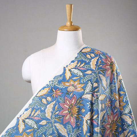 Sky Blue with Floral Cotton Sanganeri Print Fabric