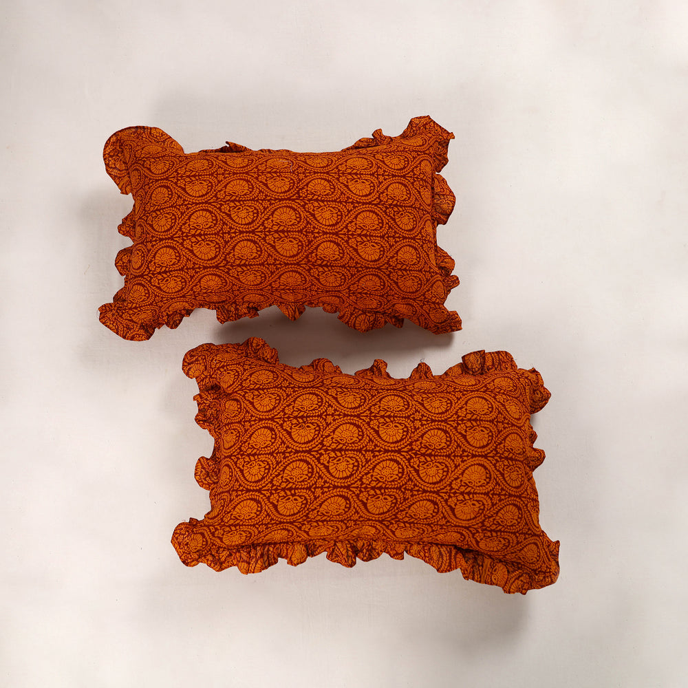 Orange - Set of 2 Bagh Block Print Cotton Frill Pillow Covers 12