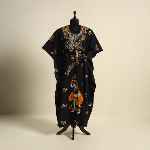 Black - cotton hand batik kaftan with tie-up waist (long)