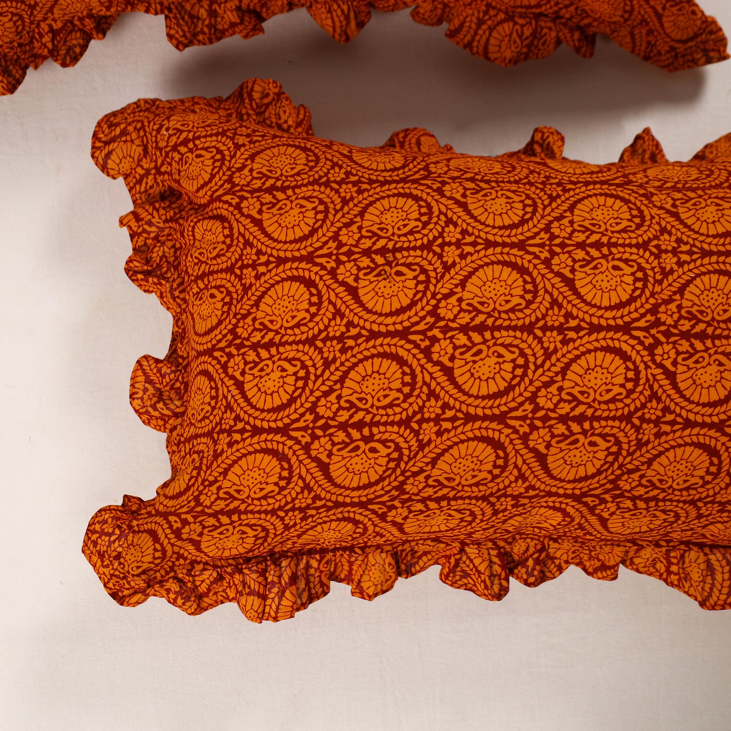 Orange - Set of 2 Bagh Block Print Cotton Frill Pillow Covers 12