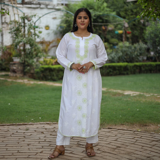 White Chikankari Hand Embroidered Cotton Long Kurta