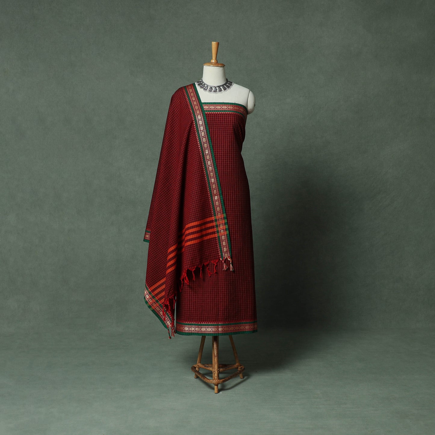 Maroon - Dharwad Checks Cotton 3pc Unstitched Dress Material Suit Set with Woven Thread Border 10