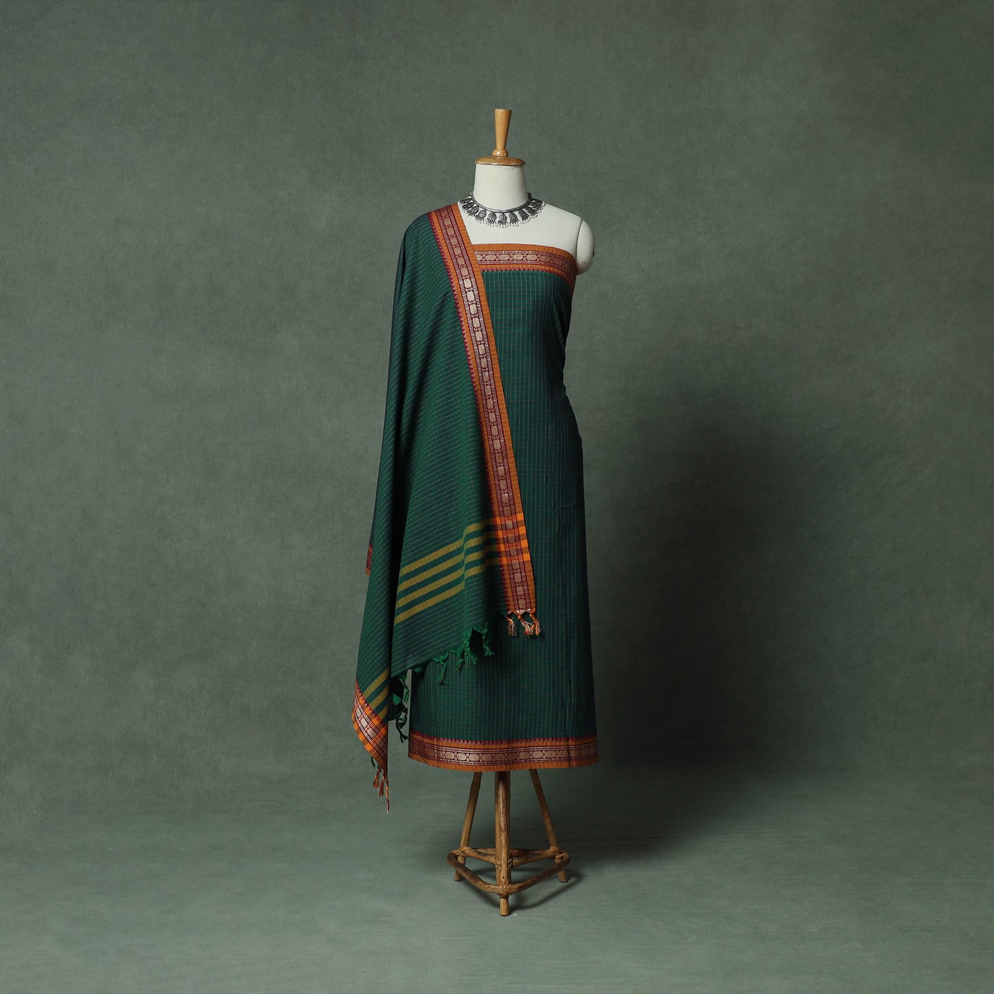 Green - Dharwad Checks Cotton 3pc Unstitched Dress Material Suit Set with Woven Thread Border 11