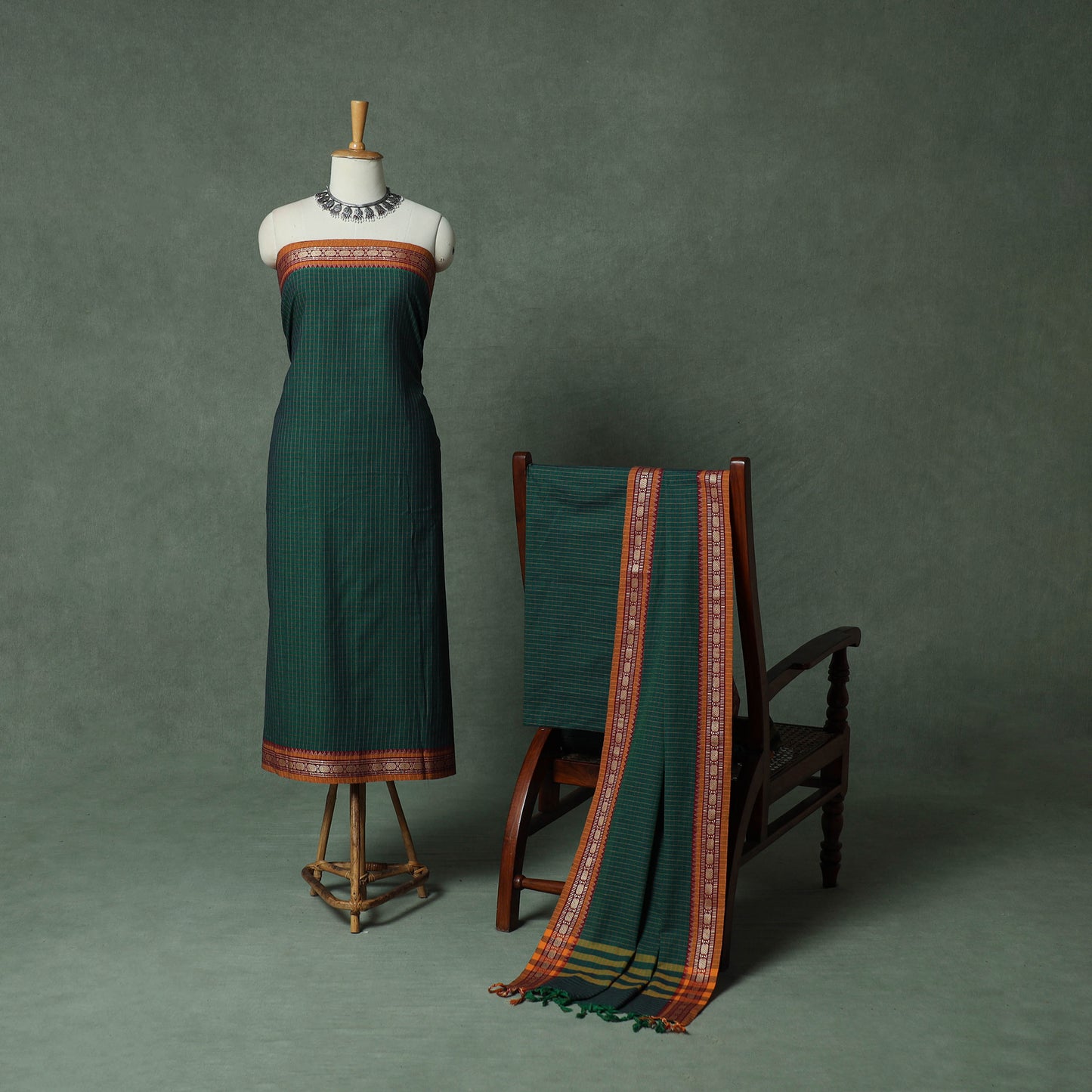 Green - Dharwad Checks Cotton 3pc Unstitched Dress Material Suit Set with Woven Thread Border 11