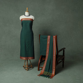 Green - Dharwad Checks Cotton 3pc Unstitched Dress Material Suit Set with Woven Thread Border 11