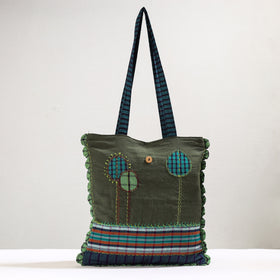 Green Handmade Gamcha Fabric Embroidered Applique Work Hand Bag