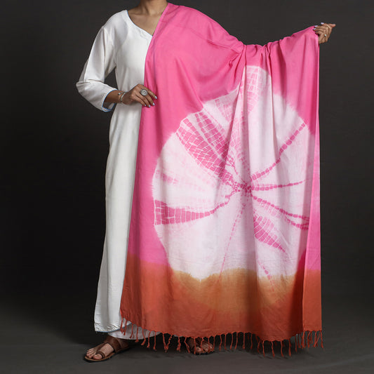 Pink - Shibori Tie-Dye Cotton Dupatta with Tassels
