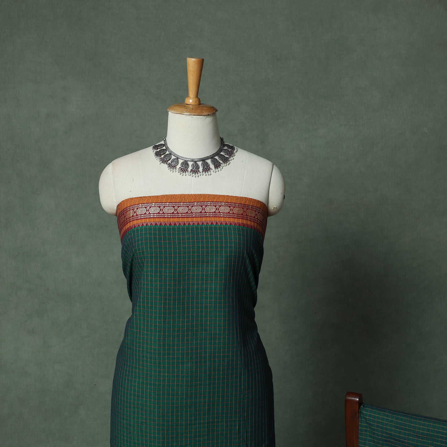 Green - Dharwad Checks Cotton 3pc Unstitched Dress Material Suit Set with Woven Thread Border 11