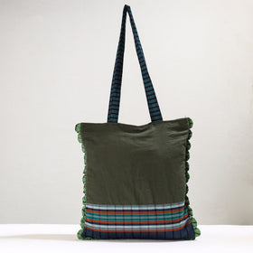 Green Handmade Gamcha Fabric Embroidered Applique Work Hand Bag