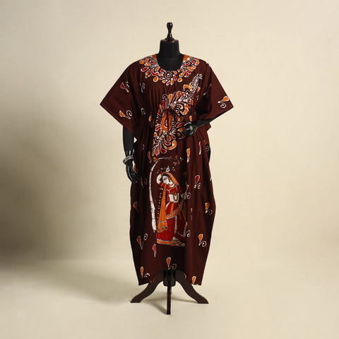Brown - cotton hand batik kaftan with tie-up waist (long)