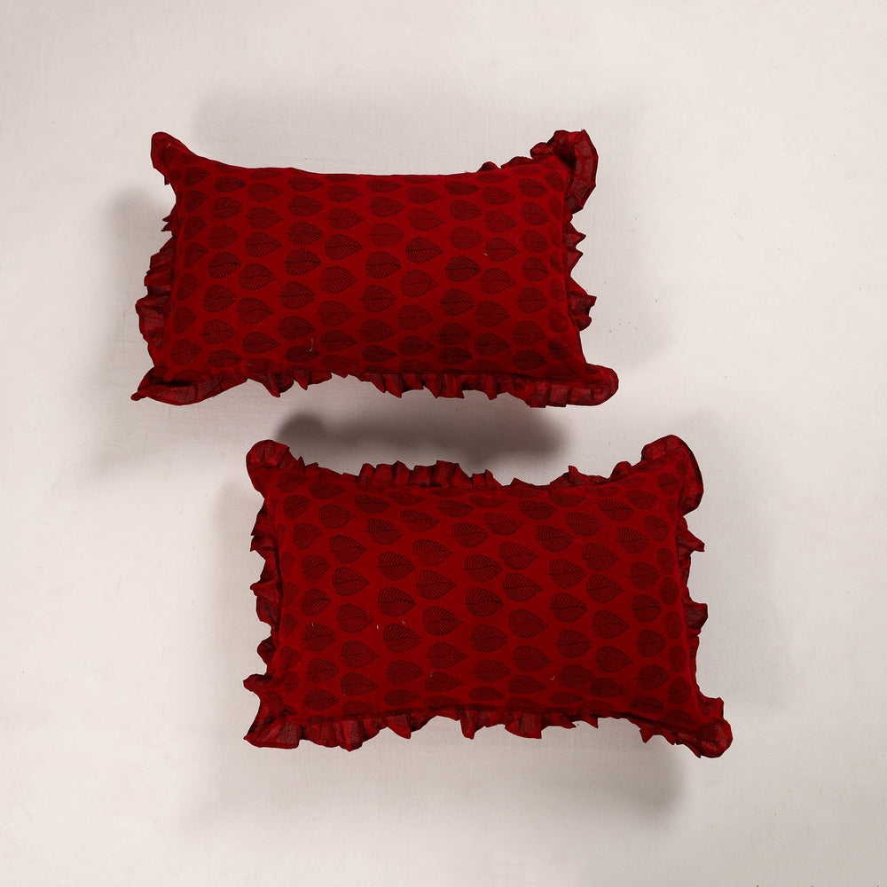 Red - Set of 2 Bagh Block Print Cotton Frill Pillow Covers 14