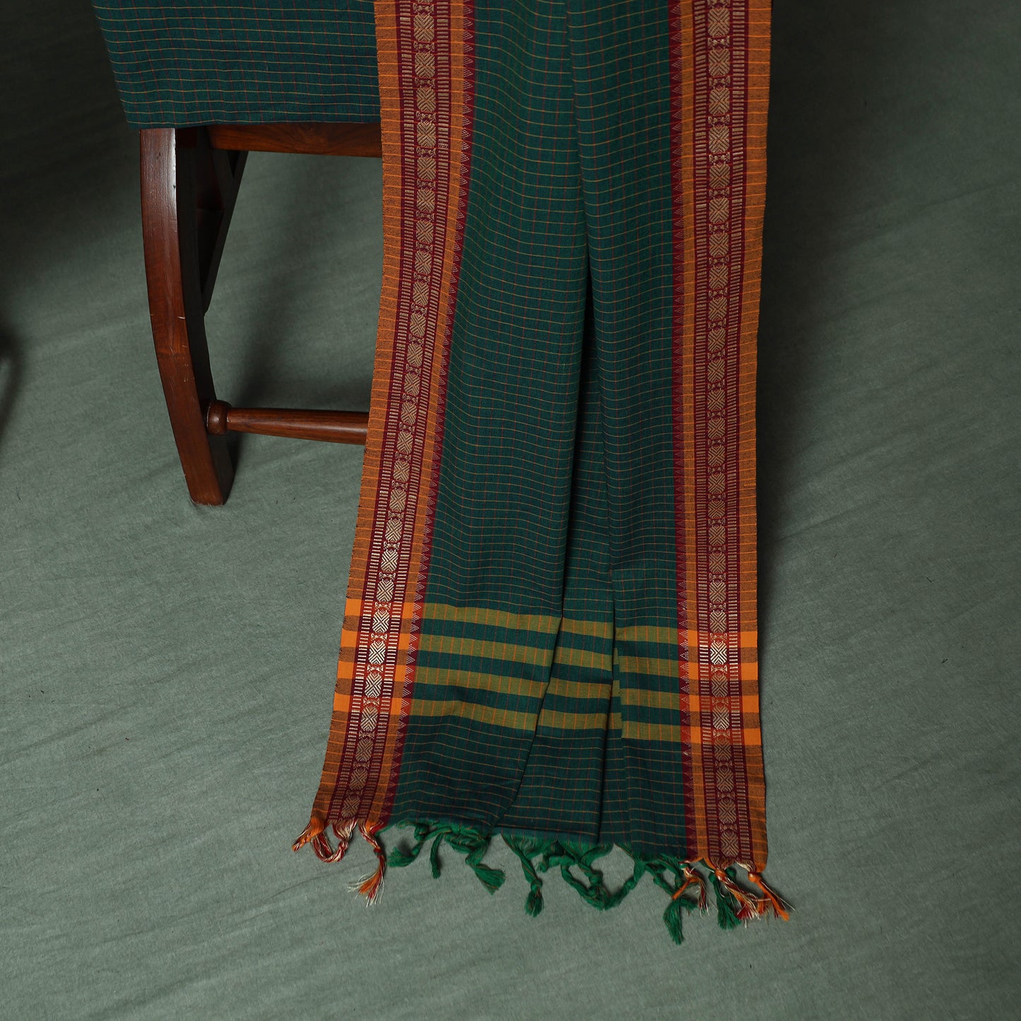 Green - Dharwad Checks Cotton 3pc Unstitched Dress Material Suit Set with Woven Thread Border 11