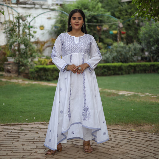 White Blue Chikankari Hand Embroidered Cotton Anarkali Long Kurta with Inner