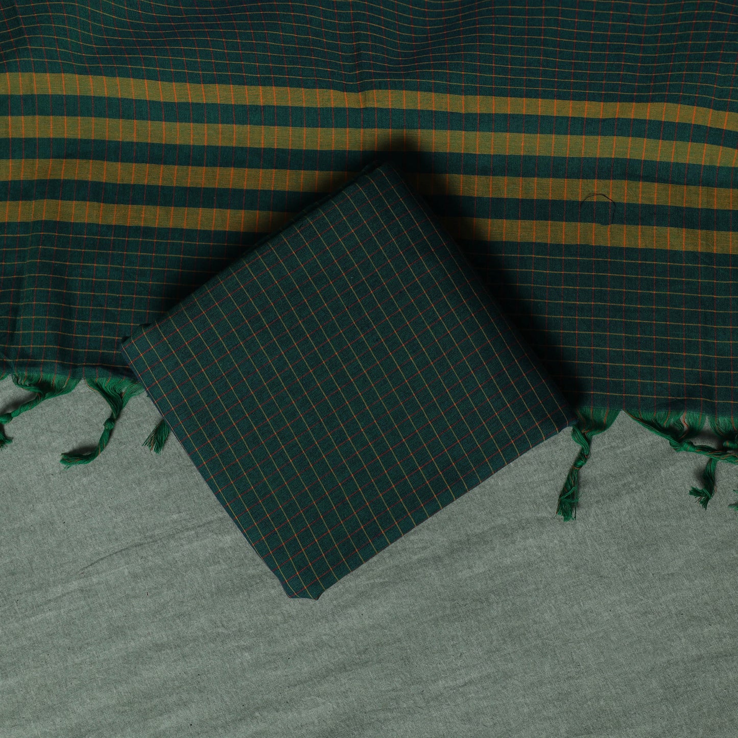 Green - Dharwad Checks Cotton 3pc Unstitched Dress Material Suit Set with Woven Thread Border 11