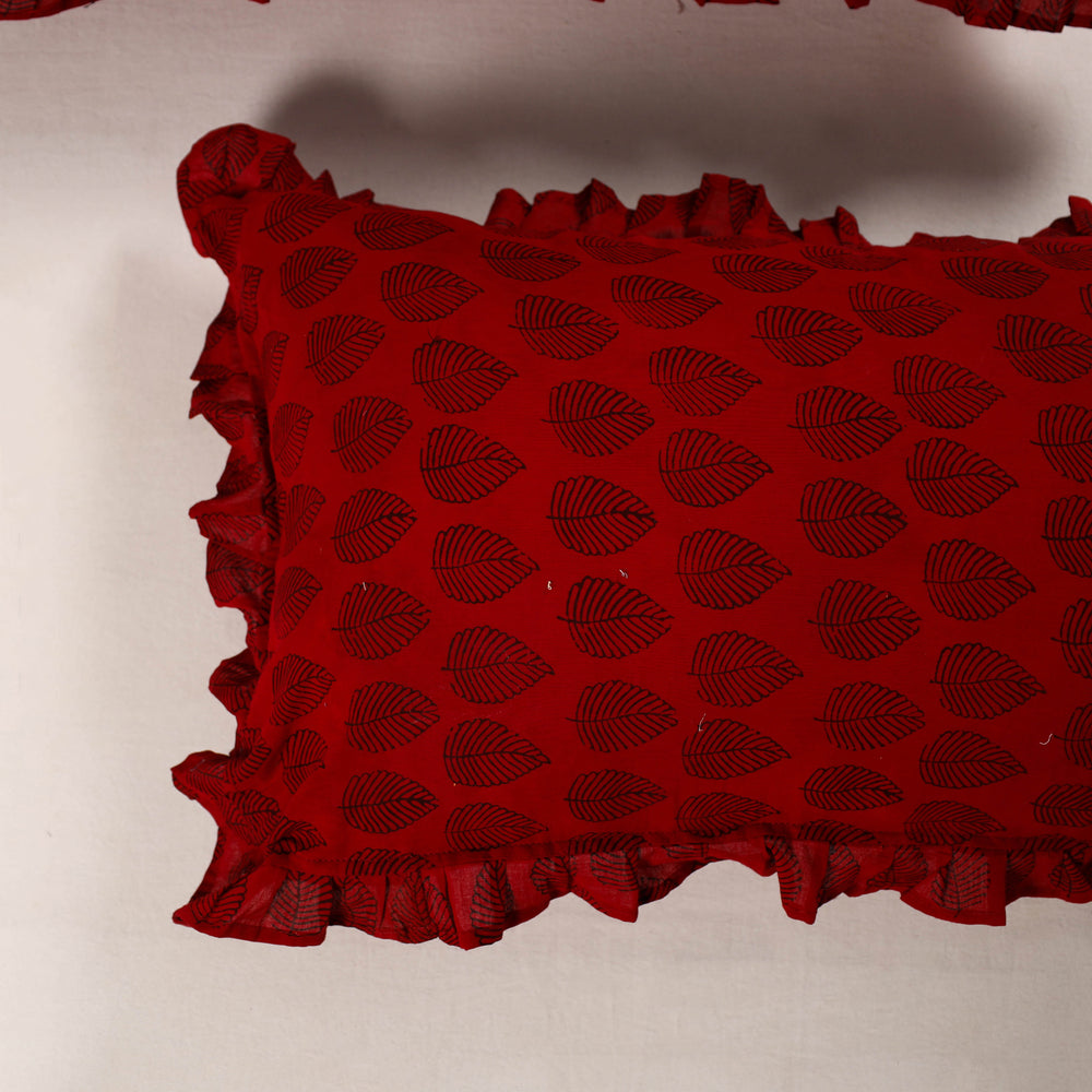 Red - Set of 2 Bagh Block Print Cotton Frill Pillow Covers 14