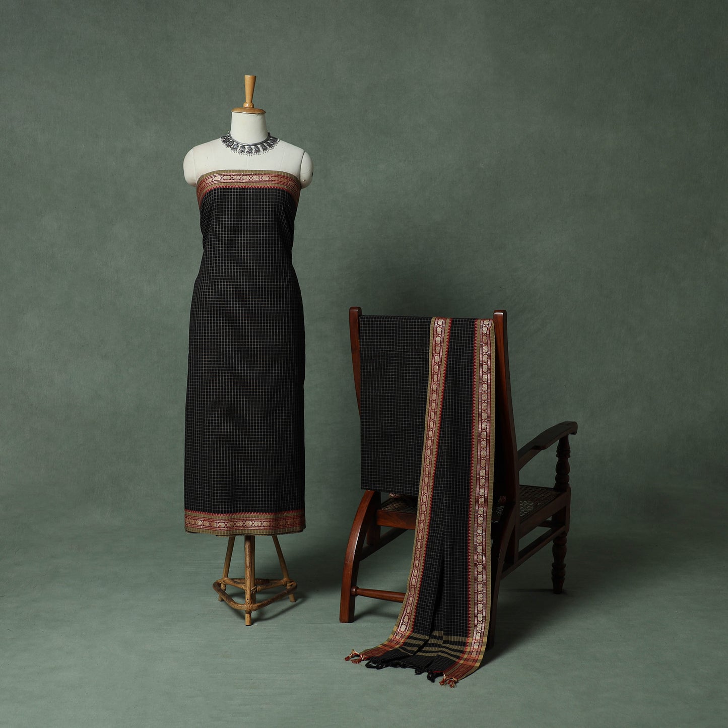 Black - Dharwad Checks Cotton 3pc Unstitched Dress Material Suit Set with Woven Thread Border 12