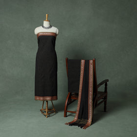 Black - Dharwad Checks Cotton 3pc Unstitched Dress Material Suit Set with Woven Thread Border 12