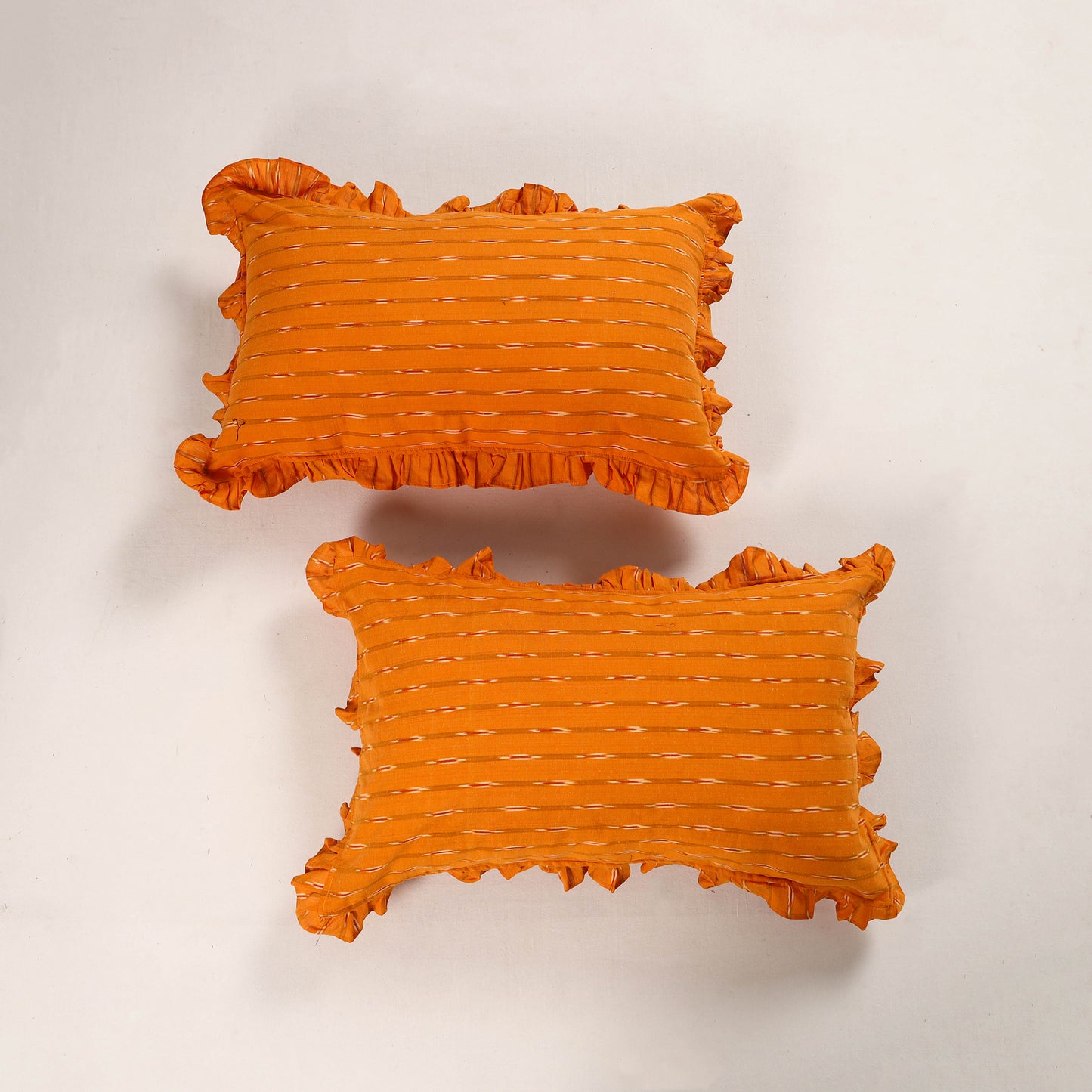 Orange - Set of 2 Pochampally Ikat Cotton Frill Pillow Covers 15