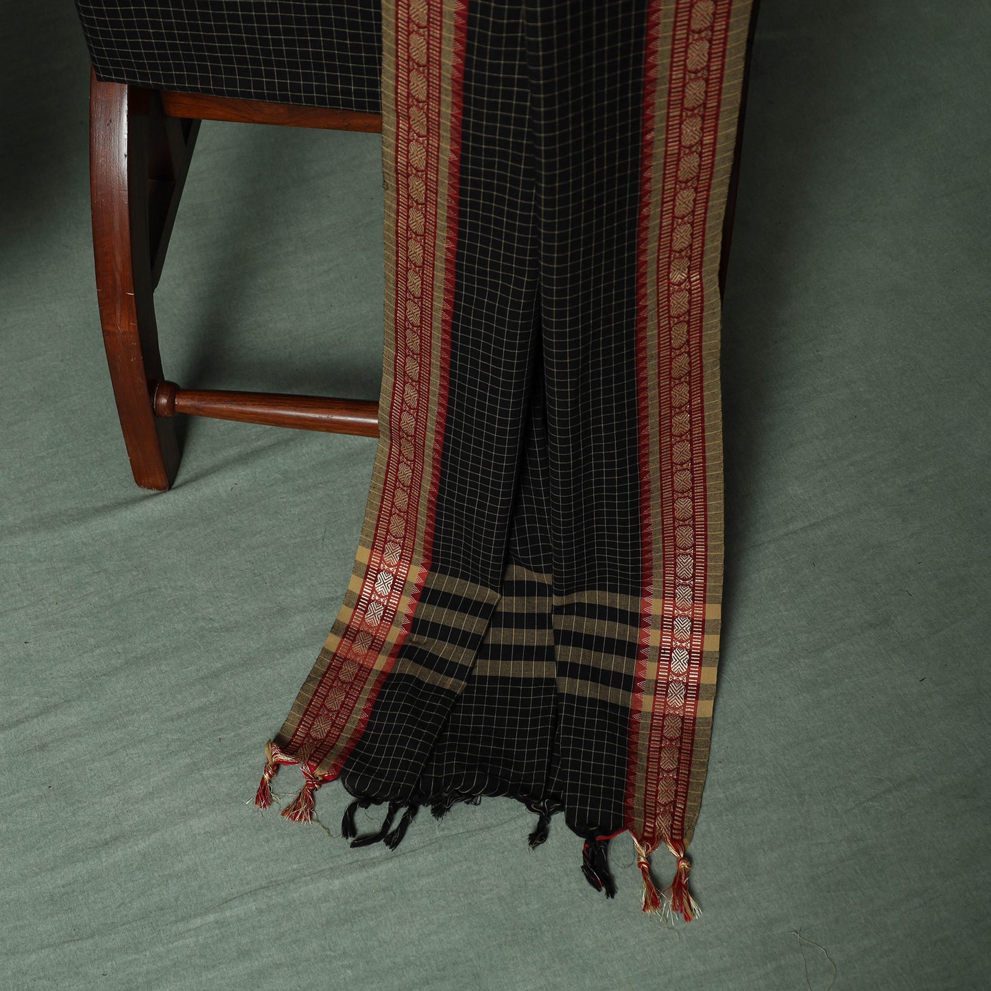 Black - Dharwad Checks Cotton 3pc Unstitched Dress Material Suit Set with Woven Thread Border 12