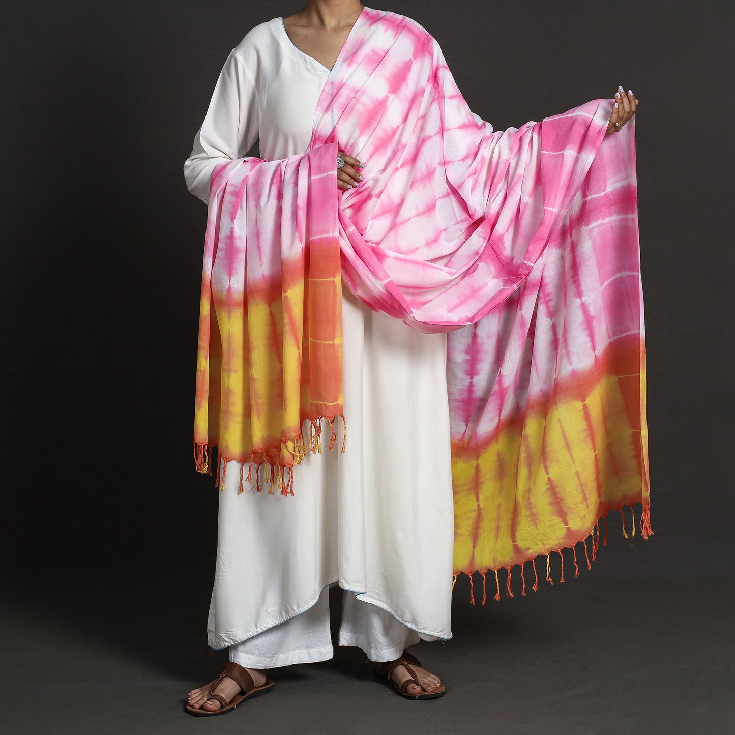 Shibori Tie-Dye Cotton Dupatta with Tassels
