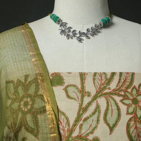 Beige - Kalamkari Printed Cotton 2pc Unstitched Dress Material Kurta Set with Jewellery 22