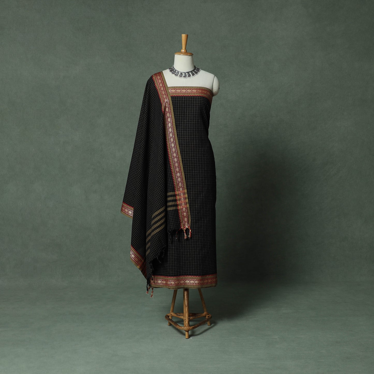 Black - Dharwad Checks Cotton 3pc Unstitched Dress Material Suit Set with Woven Thread Border 12