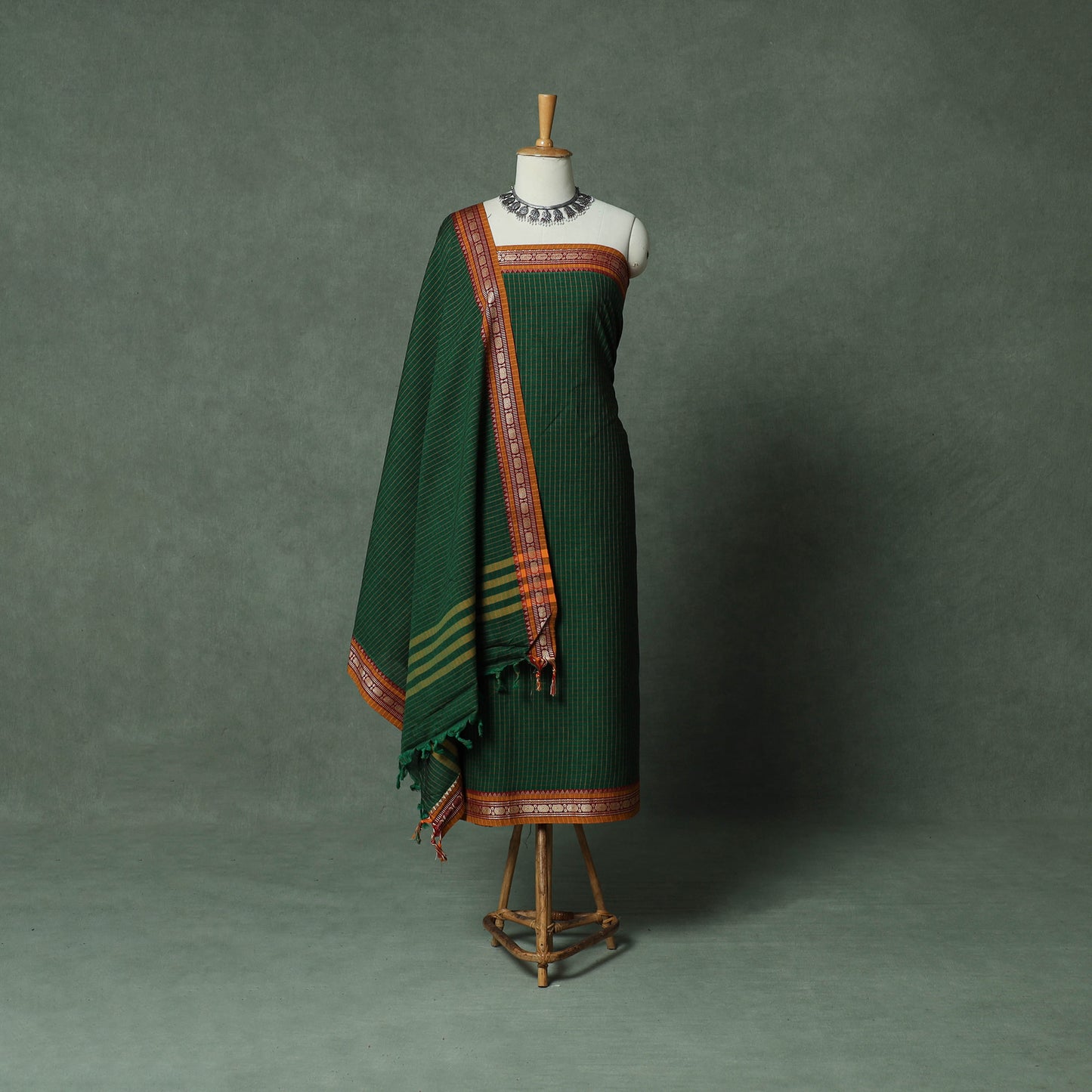 Green - Dharwad Checks Cotton 3pc Unstitched Dress Material Suit Set with Woven Thread Border 13