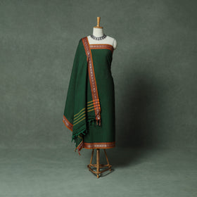 Green - Dharwad Checks Cotton 3pc Unstitched Dress Material Suit Set with Woven Thread Border 13