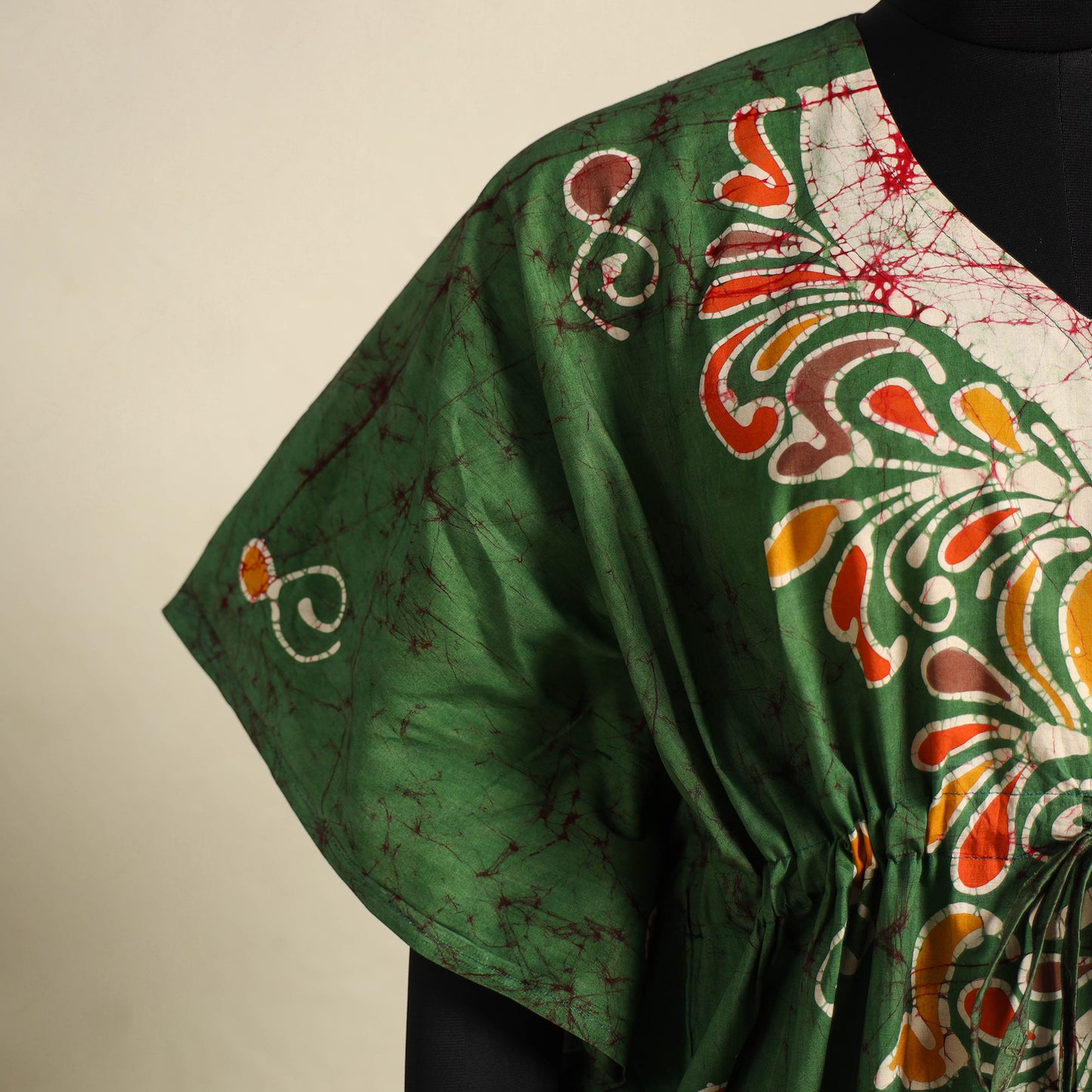 Green - cotton hand batik kaftan with tie-up waist (long)