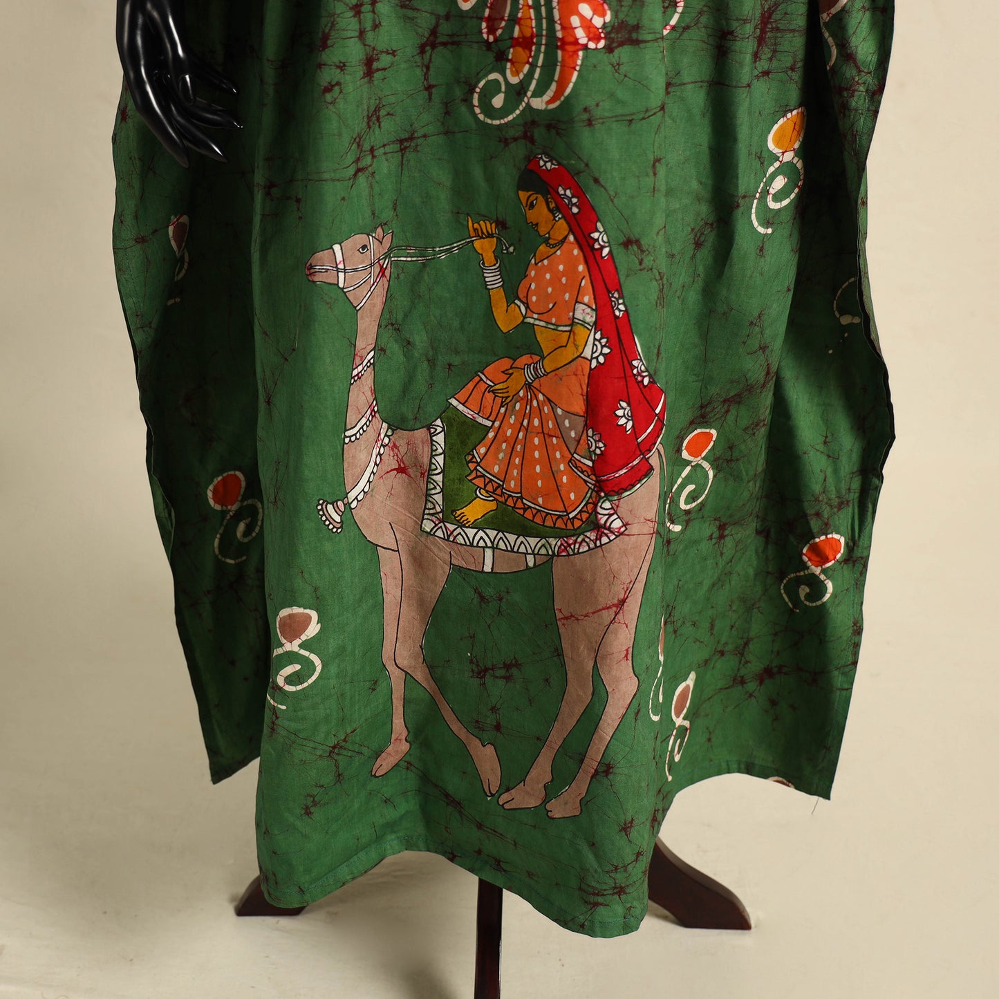 Green - cotton hand batik kaftan with tie-up waist (long)