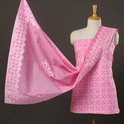 Pink - 3pc Cut Work Cotton Barmer Applique Dress Material 46