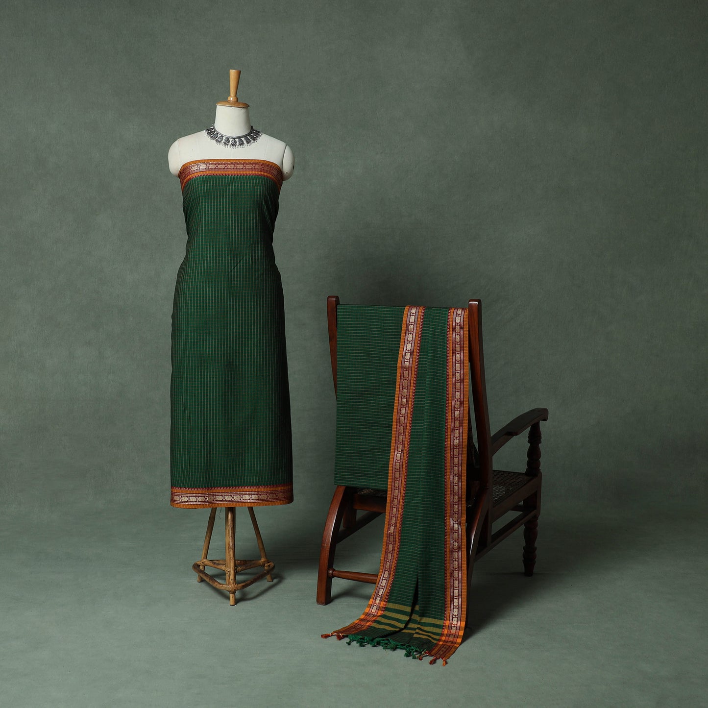 Green - Dharwad Checks Cotton 3pc Unstitched Dress Material Suit Set with Woven Thread Border 13