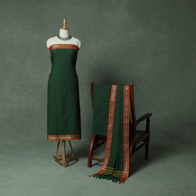 Green - Dharwad Checks Cotton 3pc Unstitched Dress Material Suit Set with Woven Thread Border 13