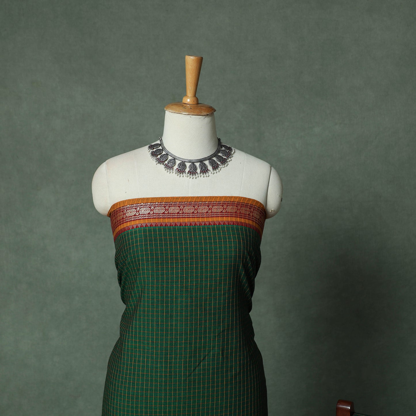 Green - Dharwad Checks Cotton 3pc Unstitched Dress Material Suit Set with Woven Thread Border 13