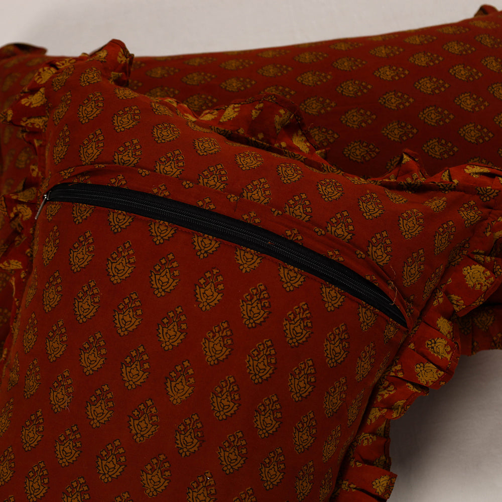 Red - Set of 2 Bagh Block Print Cotton Frill Pillow Covers 17