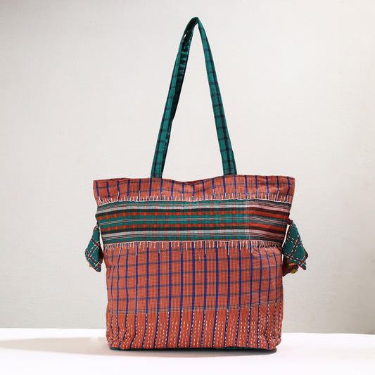 Orange - Handmade Gamcha Fabric Kantha Work Tote Bag
