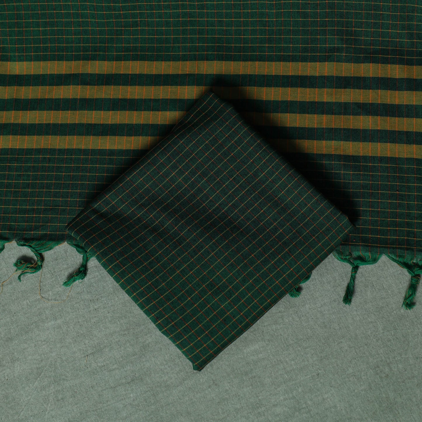 Green - Dharwad Checks Cotton 3pc Unstitched Dress Material Suit Set with Woven Thread Border 13