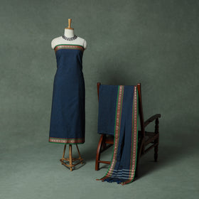 Blue - Dharwad Checks Cotton 3pc Unstitched Dress Material Suit Set with Woven Thread Border 14