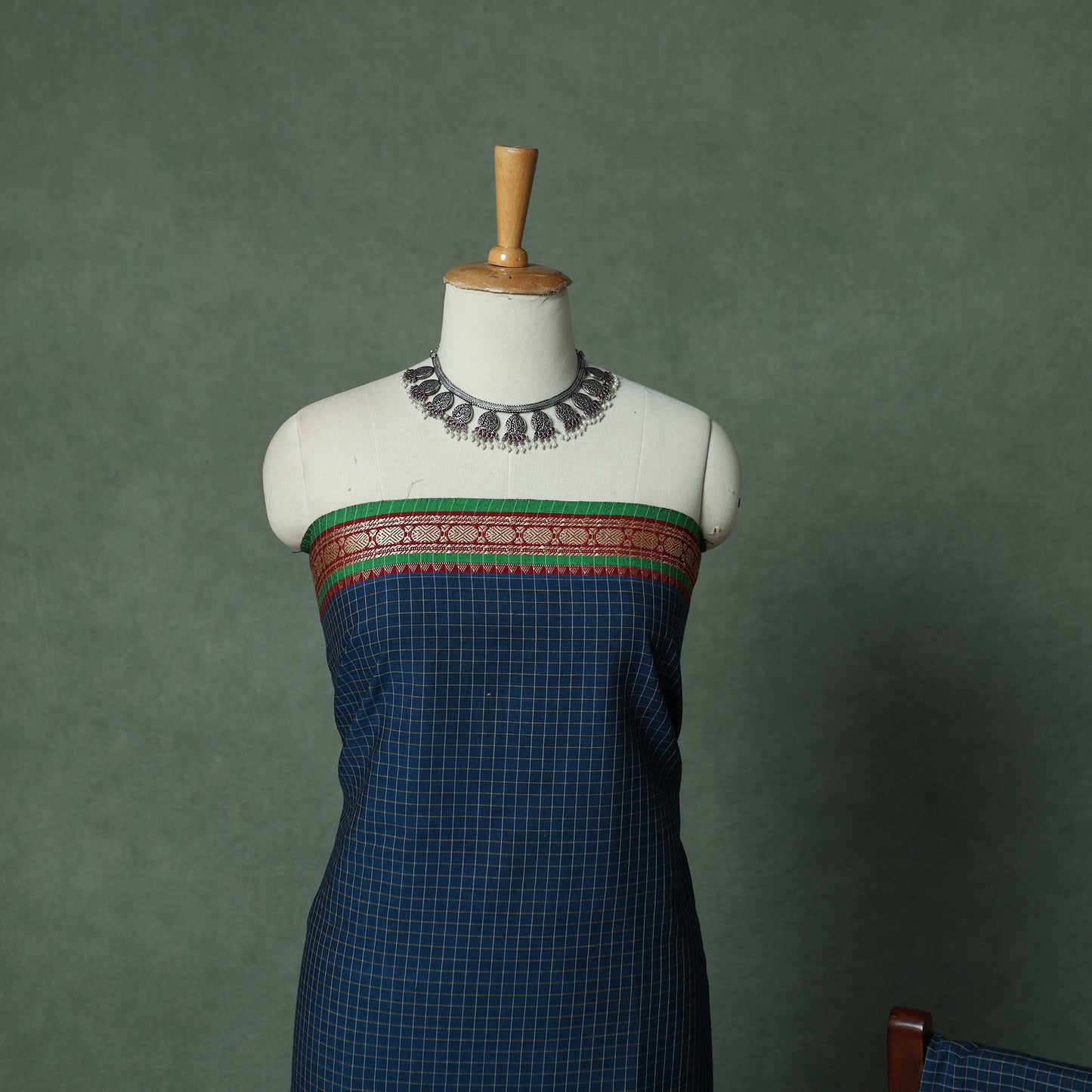 Blue - Dharwad Checks Cotton 3pc Unstitched Dress Material Suit Set with Woven Thread Border 14
