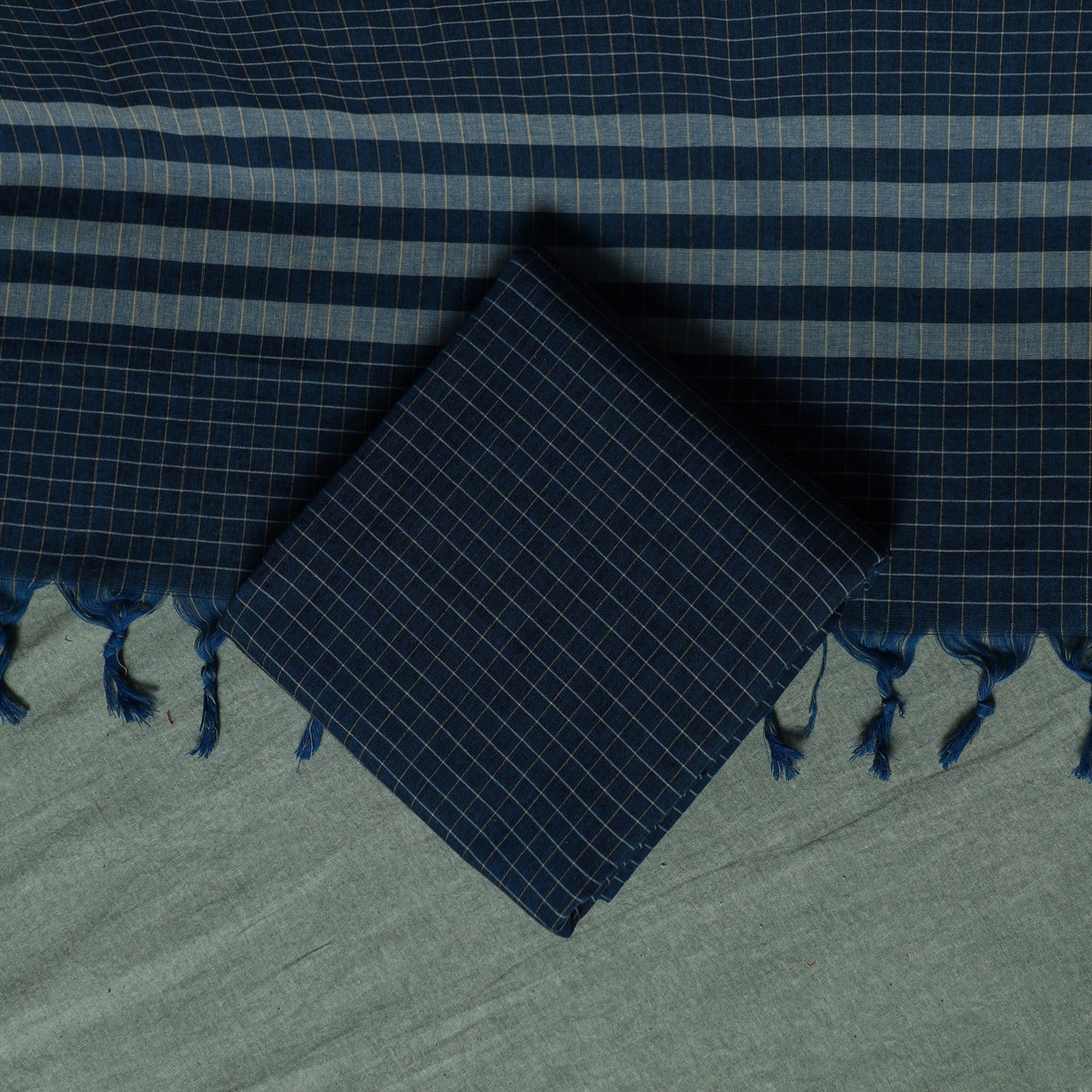Blue - Dharwad Checks Cotton 3pc Unstitched Dress Material Suit Set with Woven Thread Border 14