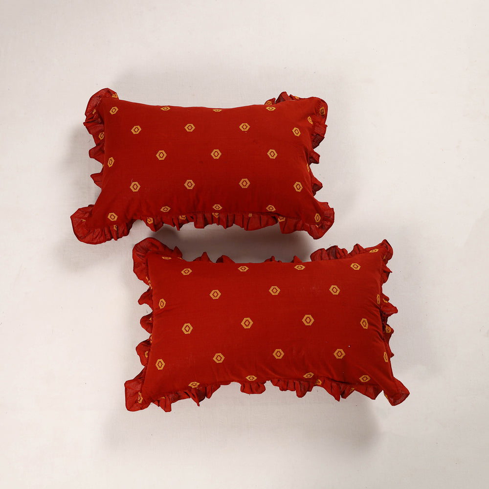 Red - Set of 2 Jacquard Cotton Frill Pillow Covers 16