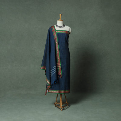 Blue - Dharwad Checks Cotton 3pc Unstitched Dress Material Suit Set with Woven Thread Border 14