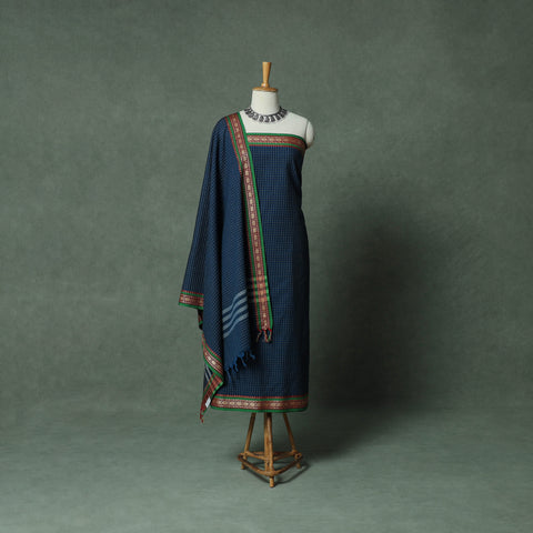 Blue - Dharwad Checks Cotton 3pc Unstitched Dress Material Suit Set with Woven Thread Border 14
