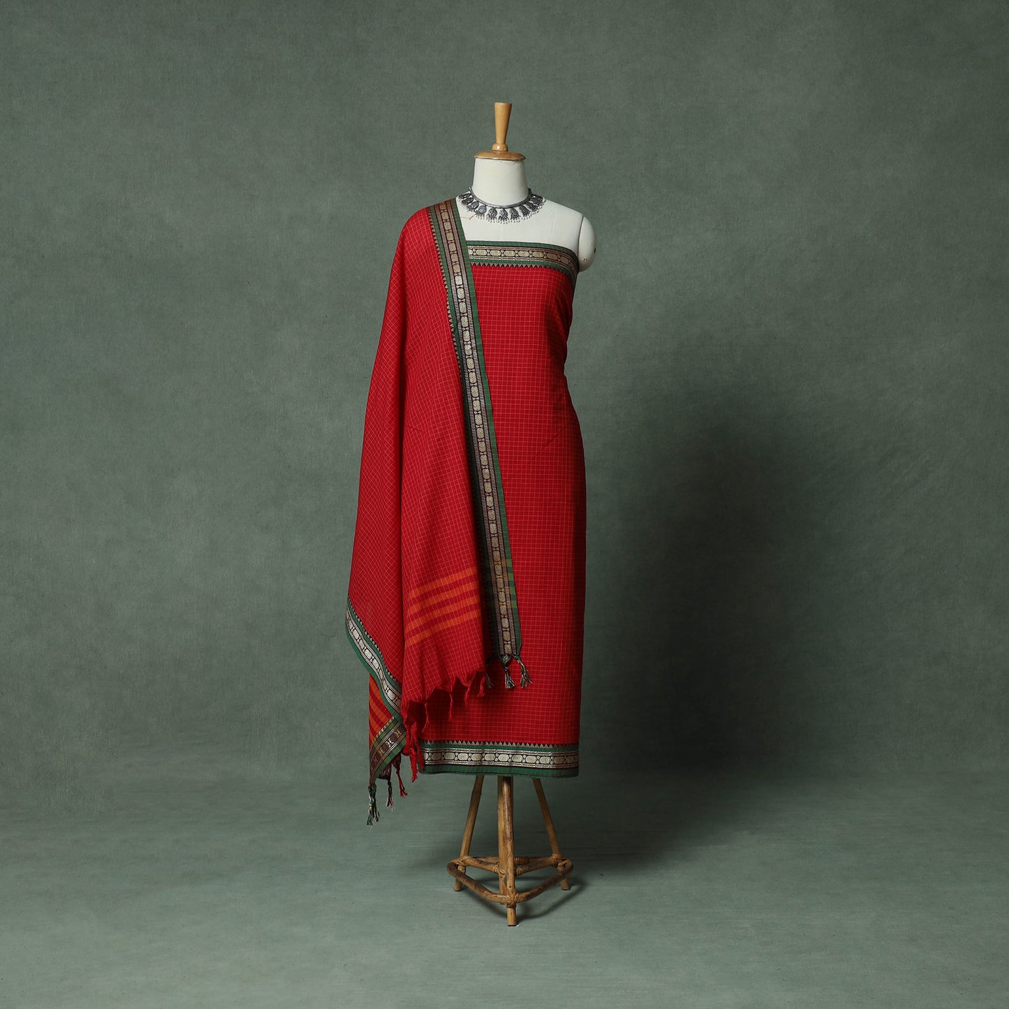 Red - Dharwad Checks Cotton 3pc Unstitched Dress Material Suit Set with Woven Thread Border 15