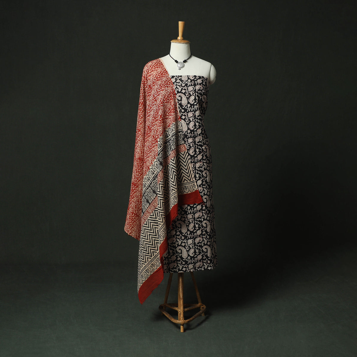 Black - bagru block print cotton 2pc unstitched dress